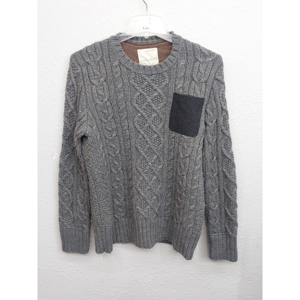 Banana Republic Heritage‎ Sweater Large Gray Cable Knit Elbow Patches Fishermans